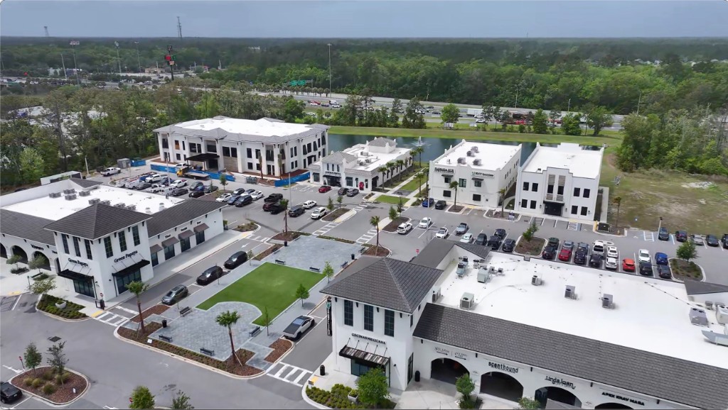 Drone view of Fountains at St. Johns mixed-use retail and medical campus